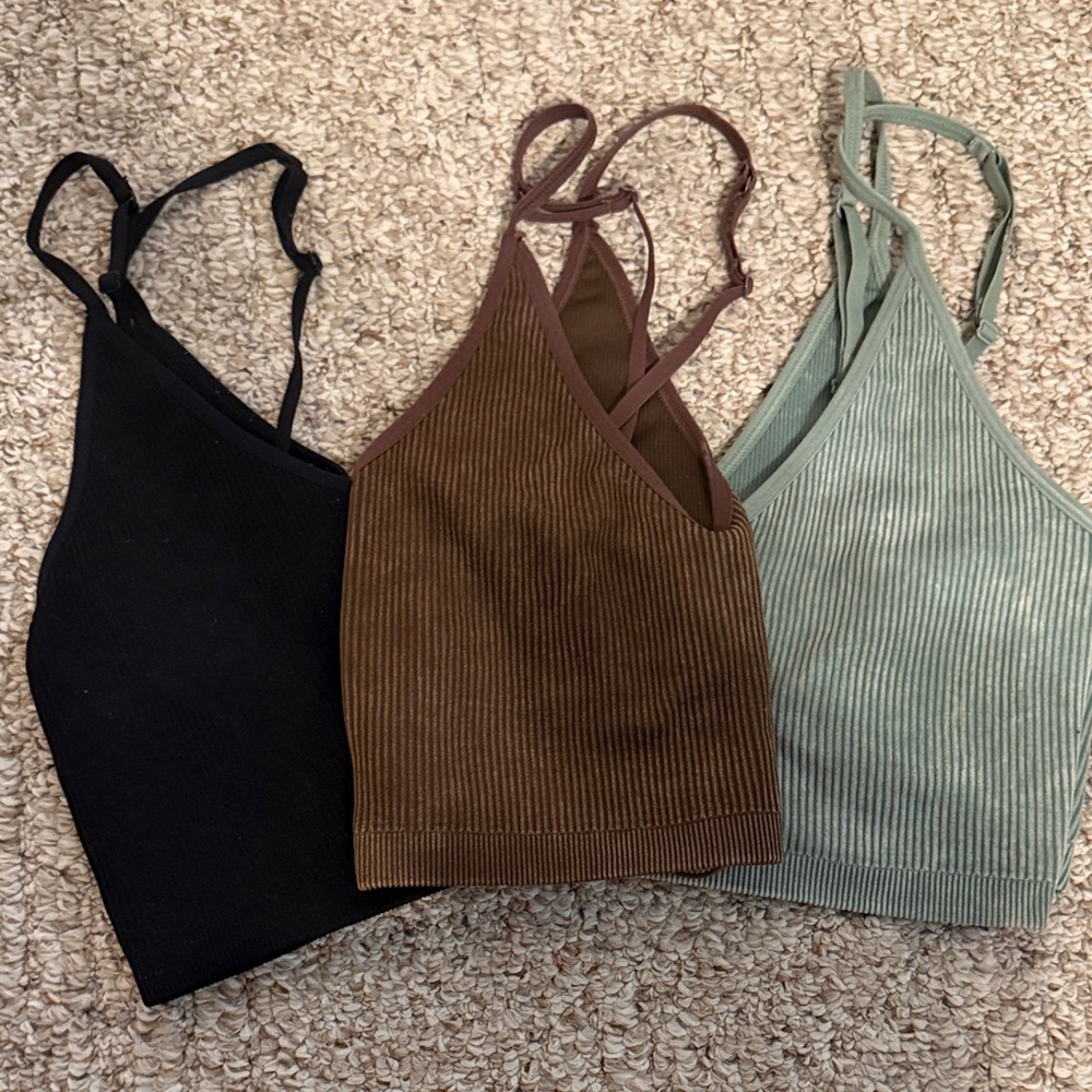 Aerie Women's Ribbed Bralette Trio - Black, Brown, and Green